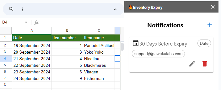 Inventory Expiry interface showing items with expiry dates
