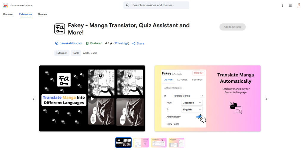 Fakey - Manga Translator running on the Chrome Web Store