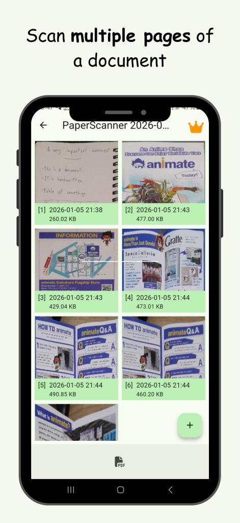 PaperScanner managing multiple pages in one document